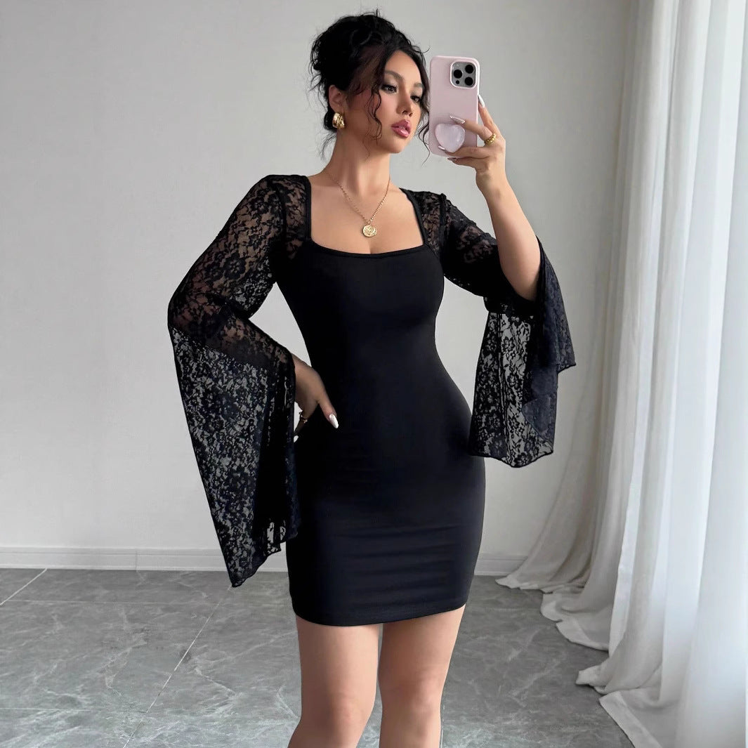 Vivienne | Black Lace Bell Sleeve Bodycon Dress