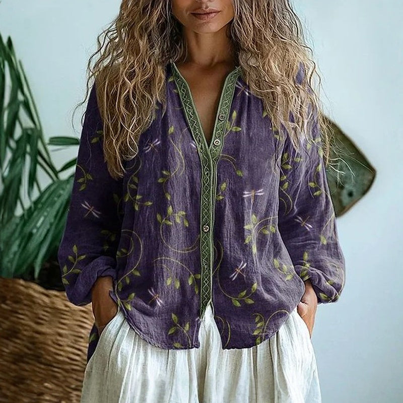 Helen | Women's Vintage Leaf-Print Button-Front Shirt original product image 1