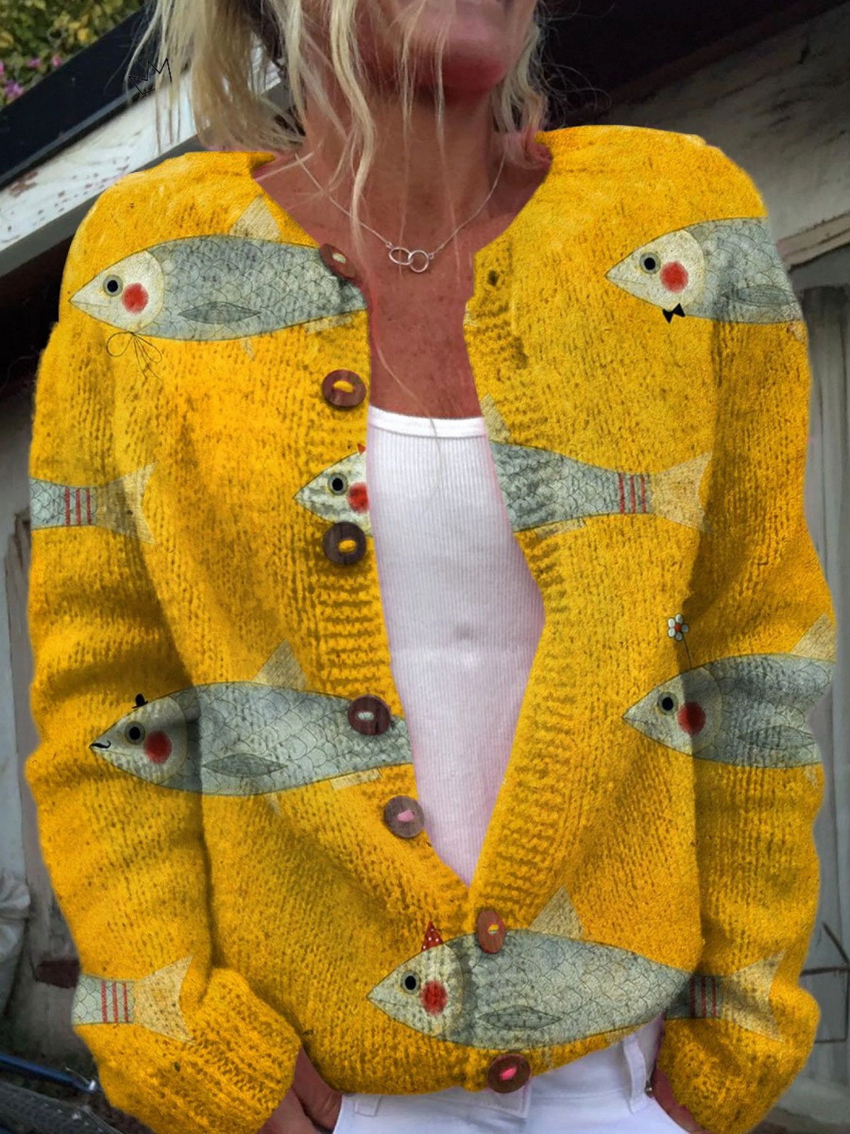 Marie | Women's V-Neck Button-Front Cardigan Sweater with Horizontal Pattern Bands