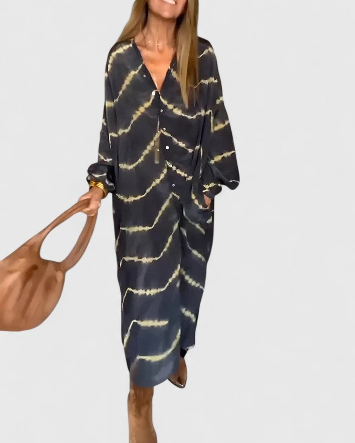 Women's Tie Dye Print Button Down Midi Shirt Dress
