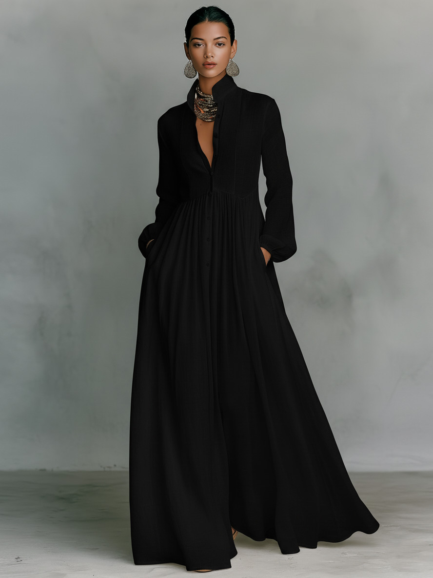 Linnea | Cotton Linen Patchwork Stand Collar Maxi Dress