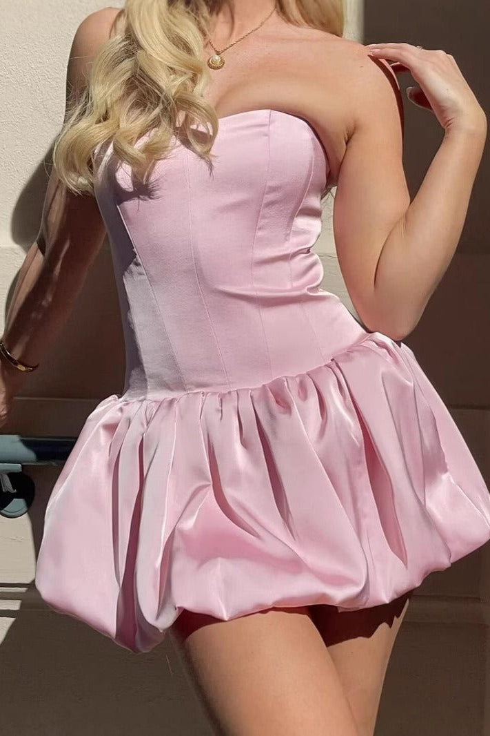 pink strapless satin mini dress Dark Green A Line Strapless Satin Bubble Hem Short Homecoming Dresses Pink / 0