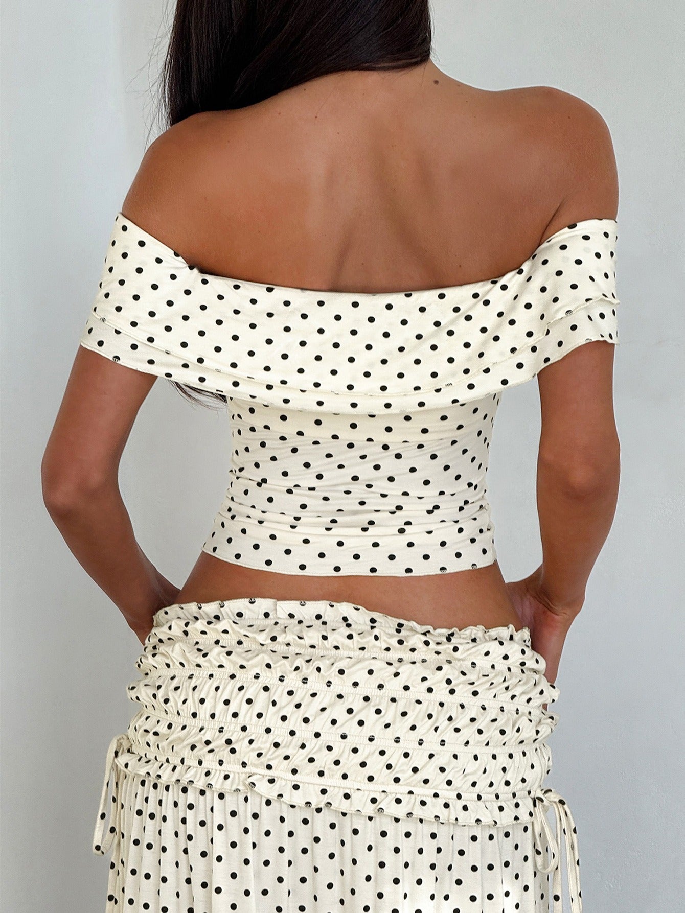 Dotsia | Polka Dot Off Shoulder Crop Top and Maxi Skirt Set