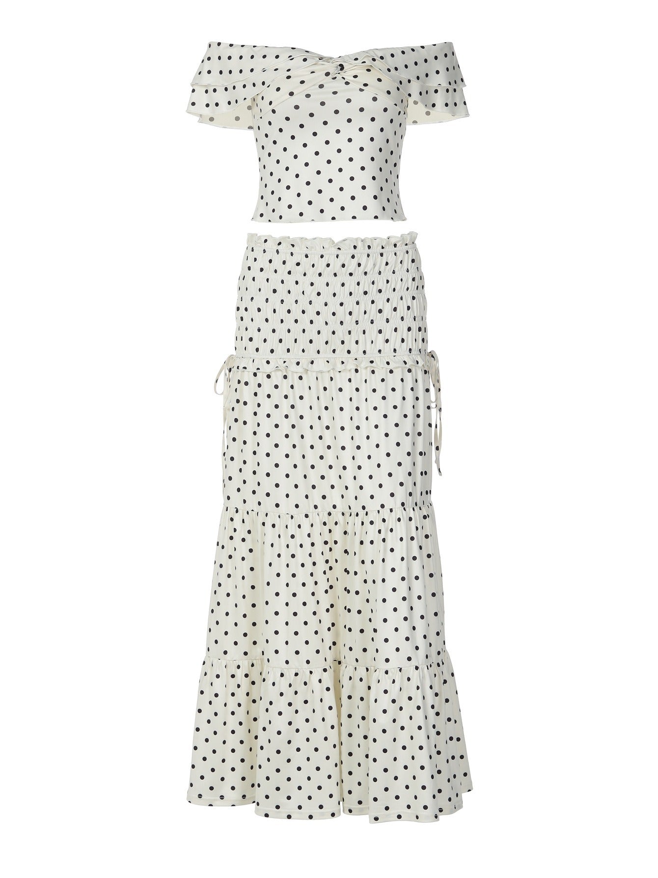 Dotsia | Polka Dot Off Shoulder Crop Top and Maxi Skirt Set