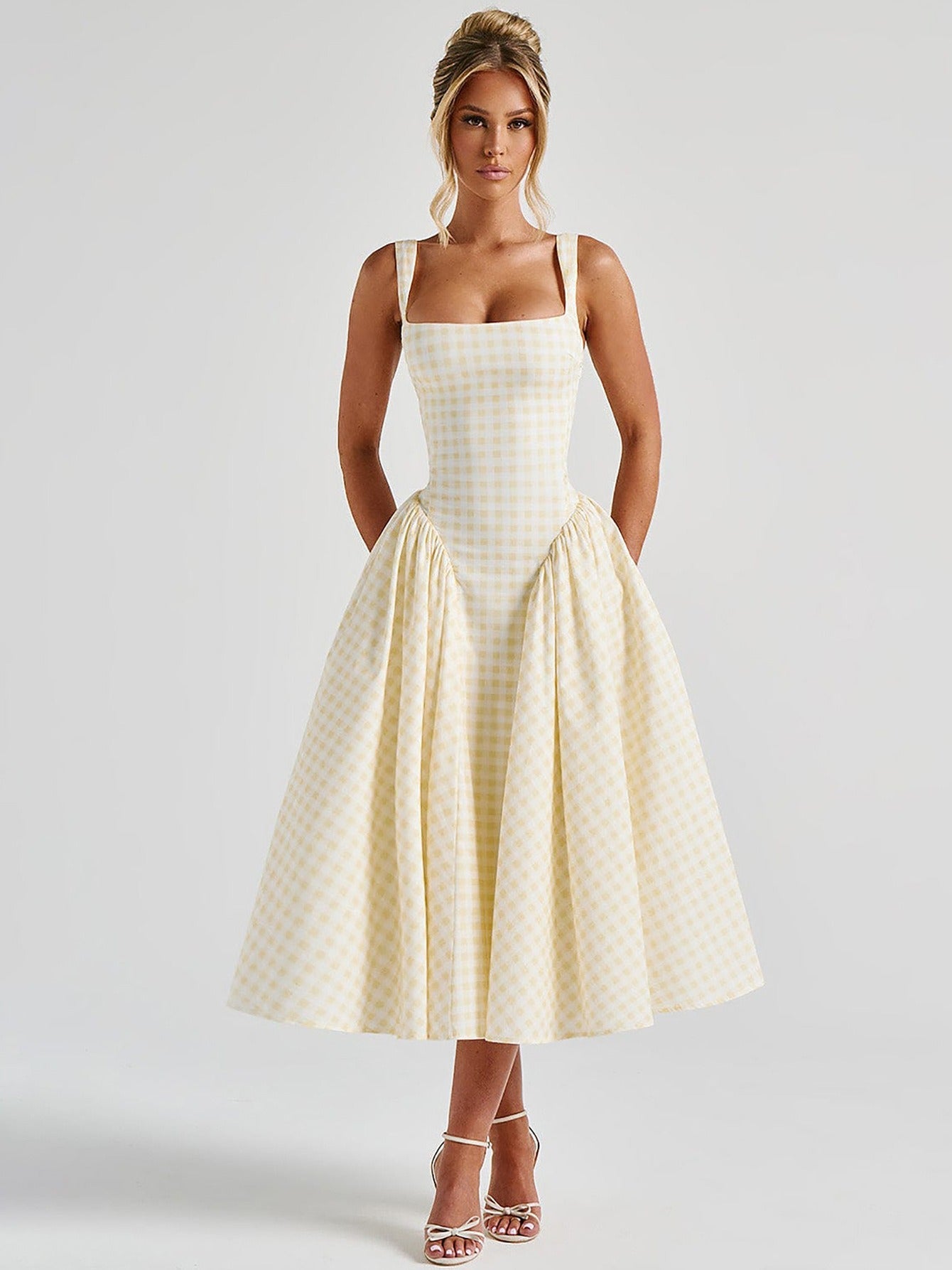 Noémie | Pink Gingham Square Neck Midi Dress