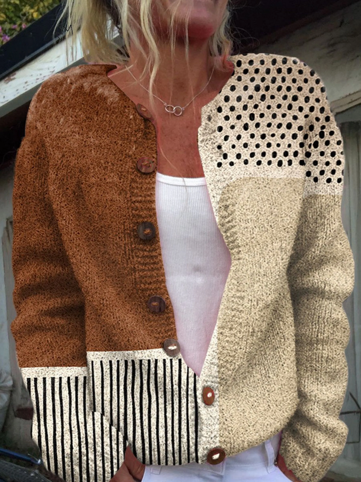Teresa | Women's Patchwork Button-Front Cardigan Sweater with Dotted and Striped Panels