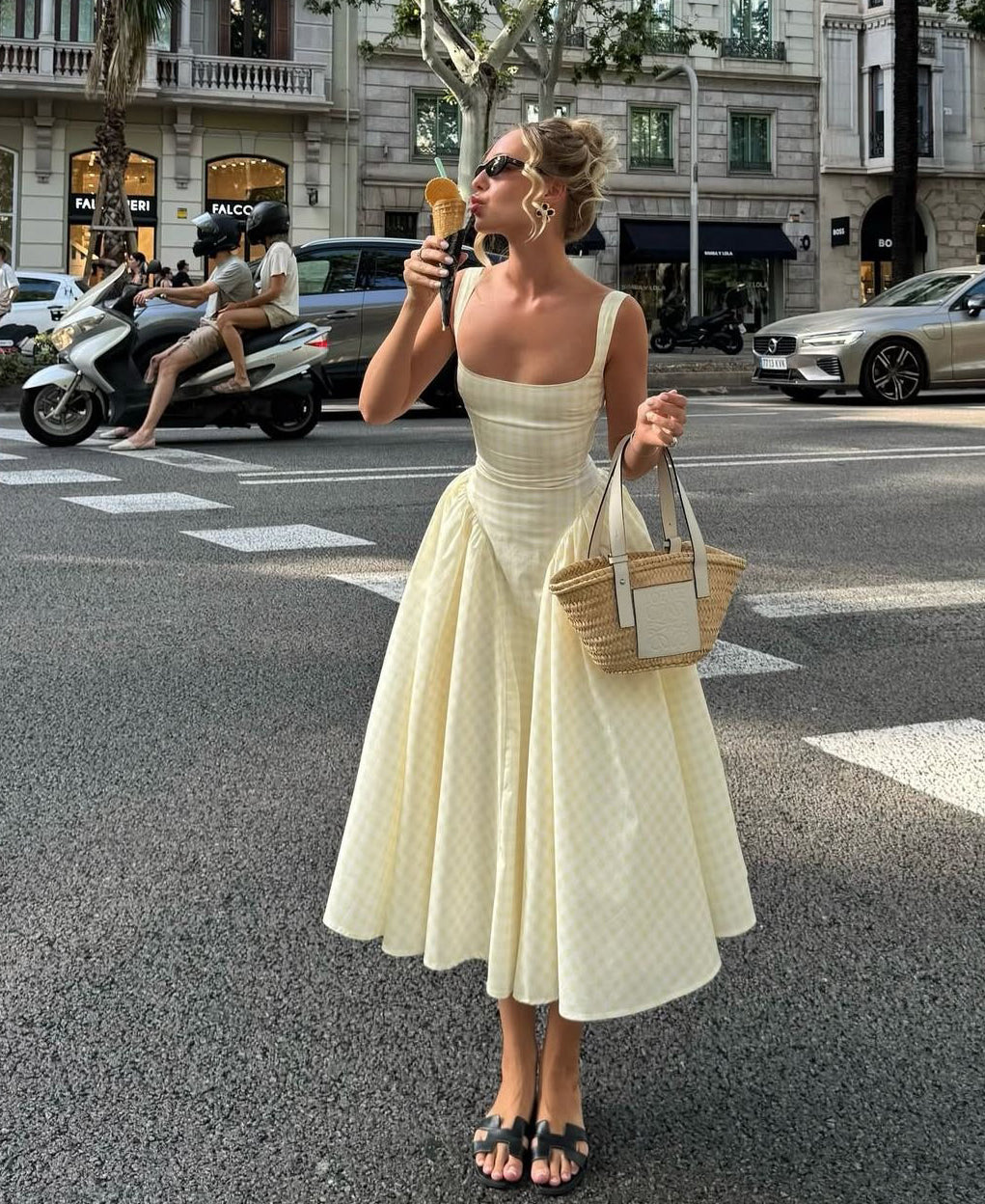 Noémie | Pink Gingham Square Neck Midi Dress