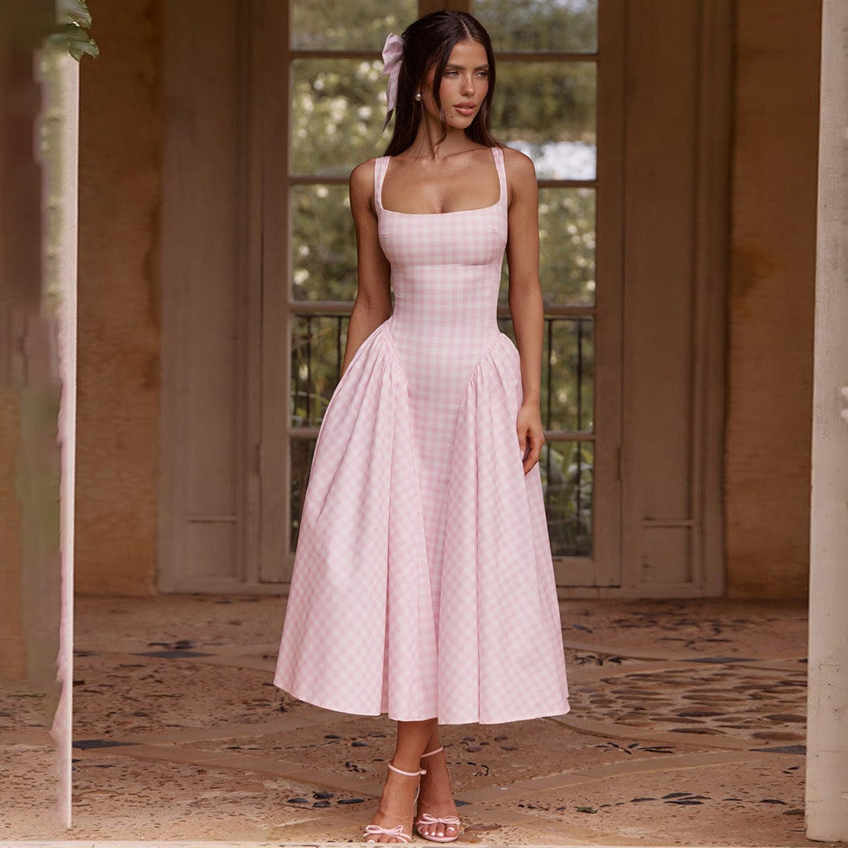 Noémie | Pink Gingham Square Neck Midi Dress