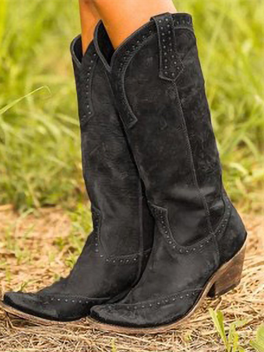 Joan | Women's Tall Cowboy Boots with Stitched Shaft, Pointed Toe and Stacked Heel