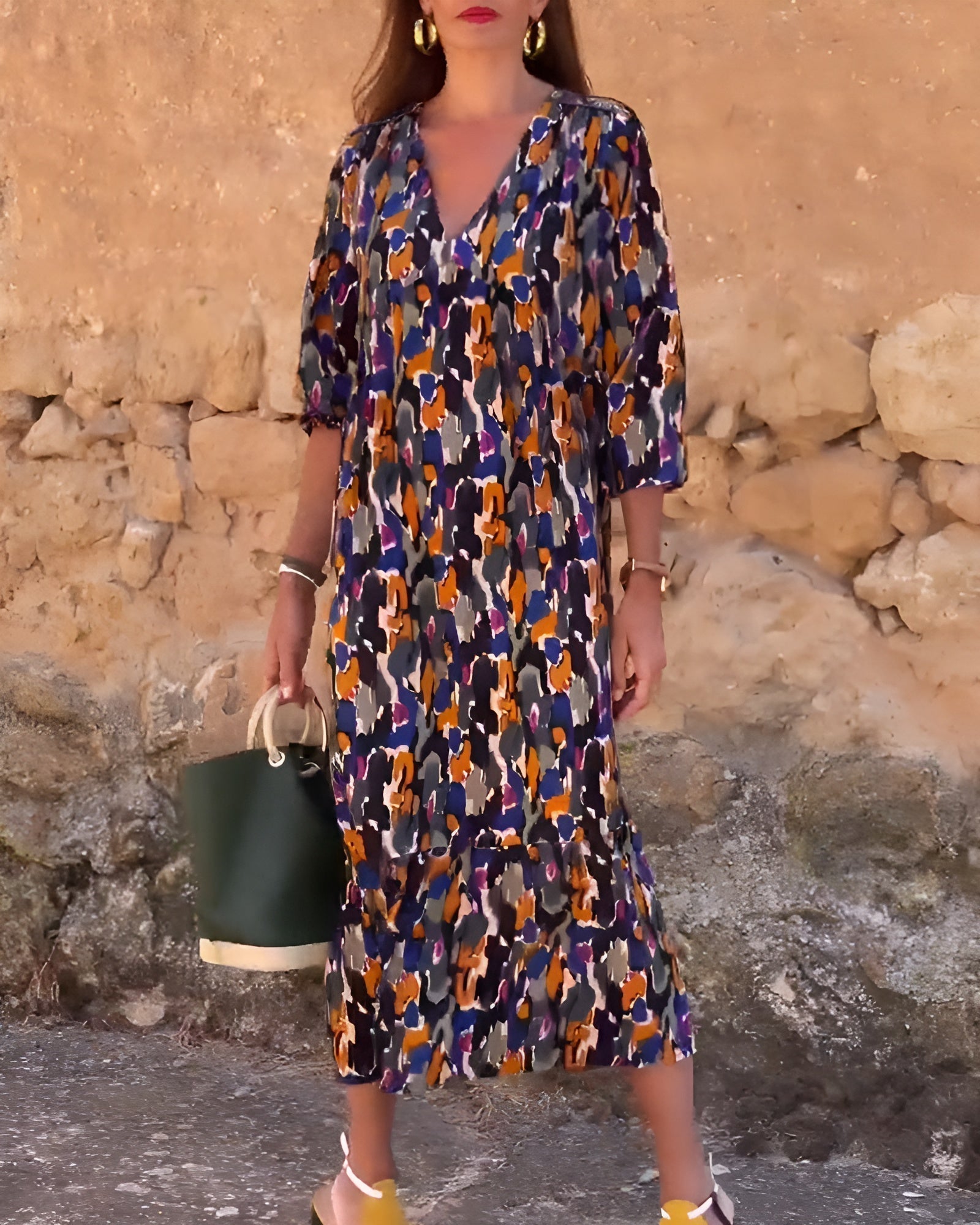 Women's V Neck Ruched Fit Flowy Printed Dress