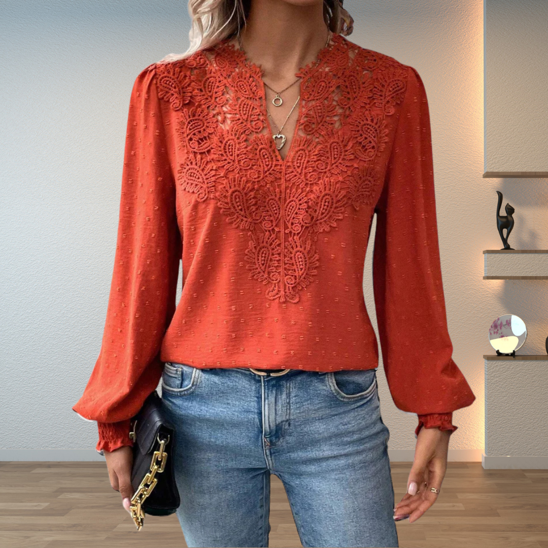Women's V-Neck Lace-Trim Long-Sleeve Blouse