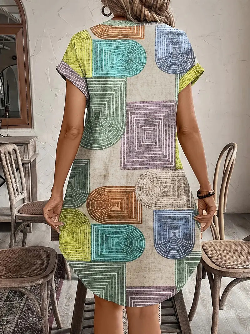 Women's Geometric Print Mini Dress Button Front V Neck