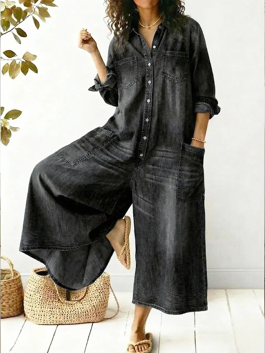 Women's Jumpsuit Long Sleeve Button Front Wide Leg