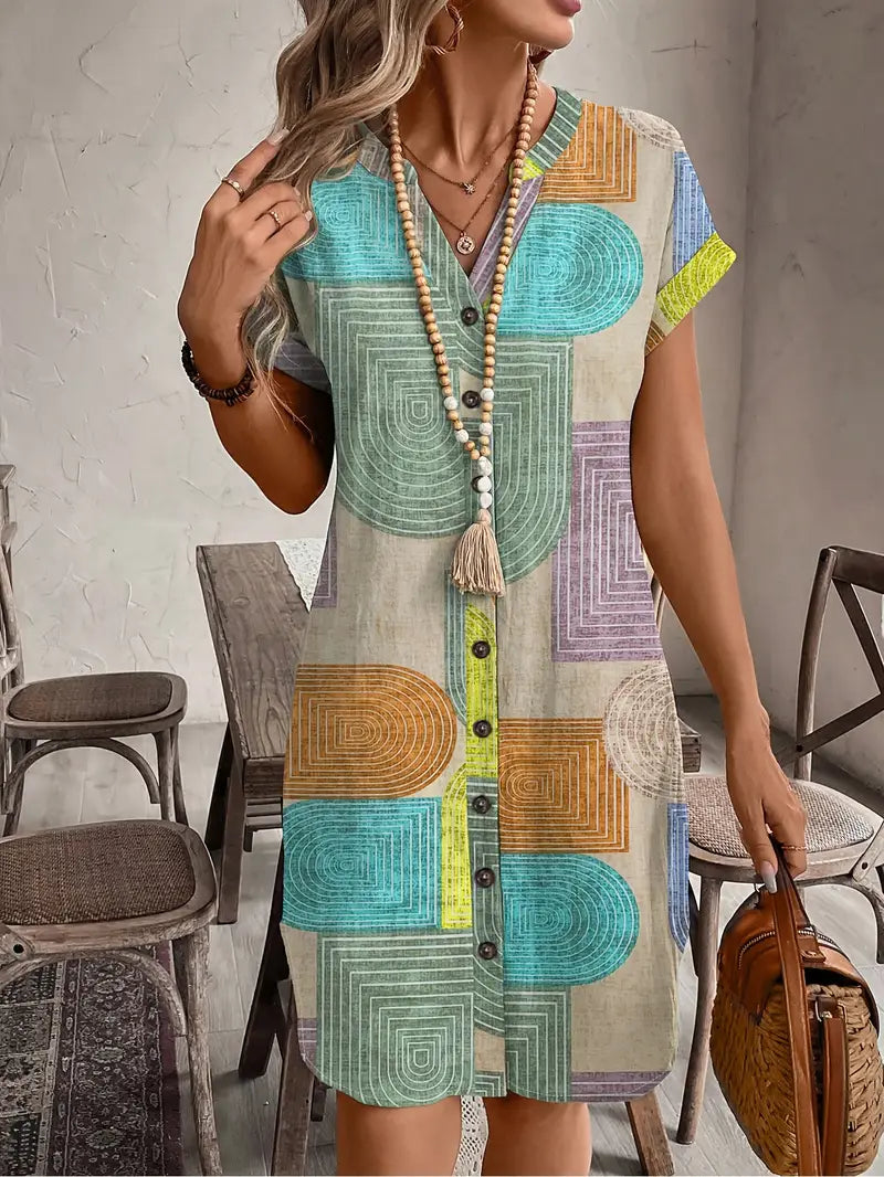 Women's Geometric Print Mini Dress Button Front V Neck