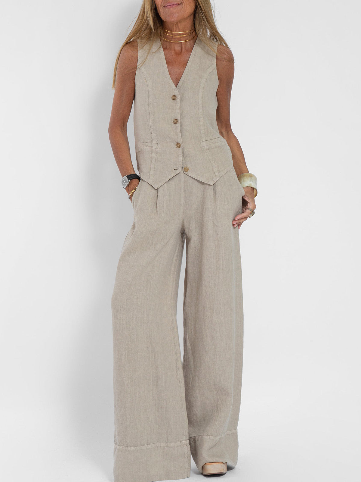Tabitha Women's Sleeveless V-Neck Vest and Wide-Leg Pants Set product view