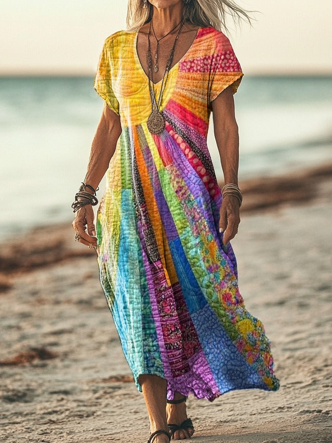 Emmeline | Women's Bohemian Sun-Design V-Neck Dress