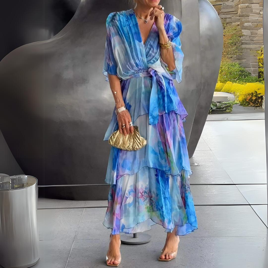 Women's V Neck Ruched Fit Flowy Draped Dress
