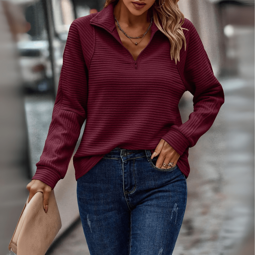 Women's Ribbed Half-Zip Collared Pullover