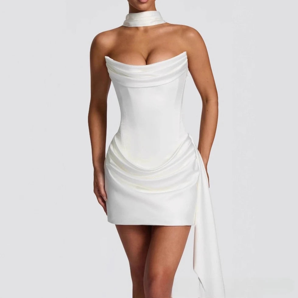 Drapelle | Strapless Corset Satin Mini Dress with Scarf