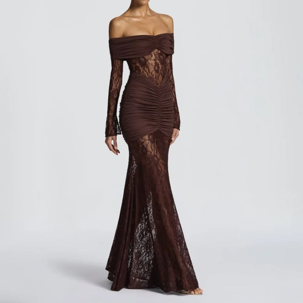 Mirène | Off Shoulder Lace Mesh Bodycon Maxi Dress