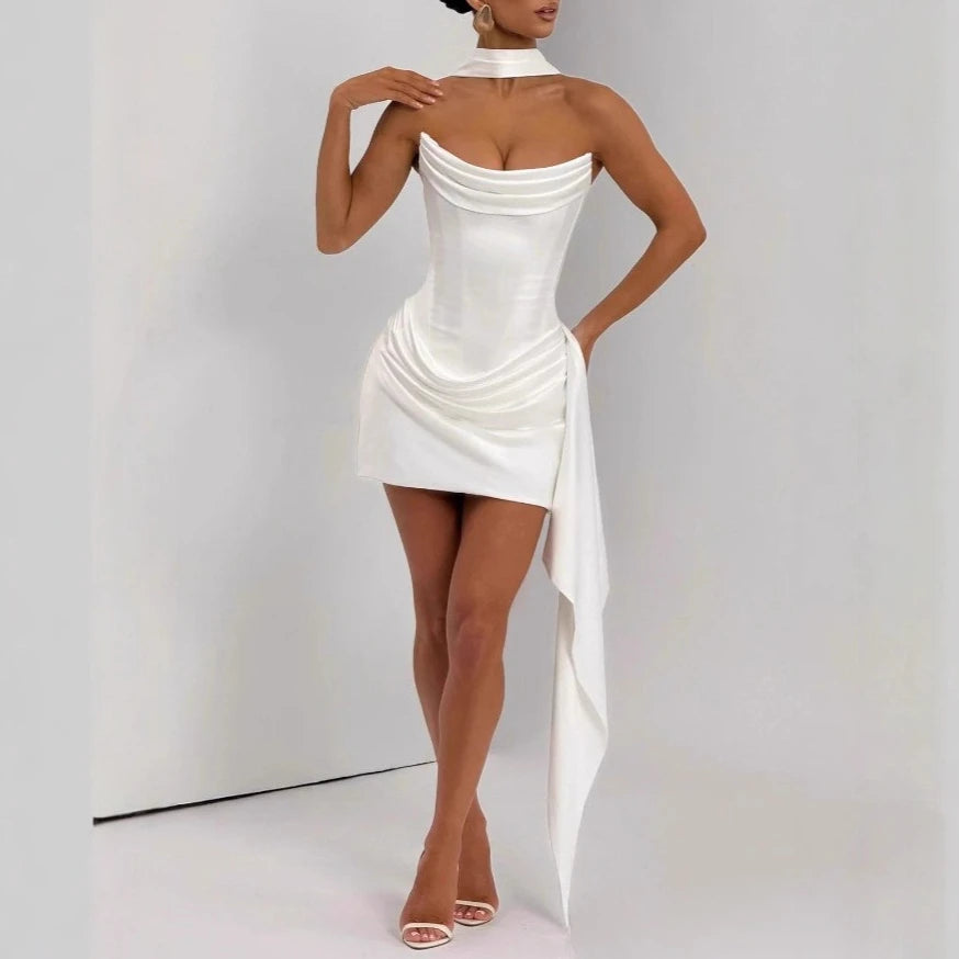 Drapelle | Strapless Corset Satin Mini Dress with Scarf