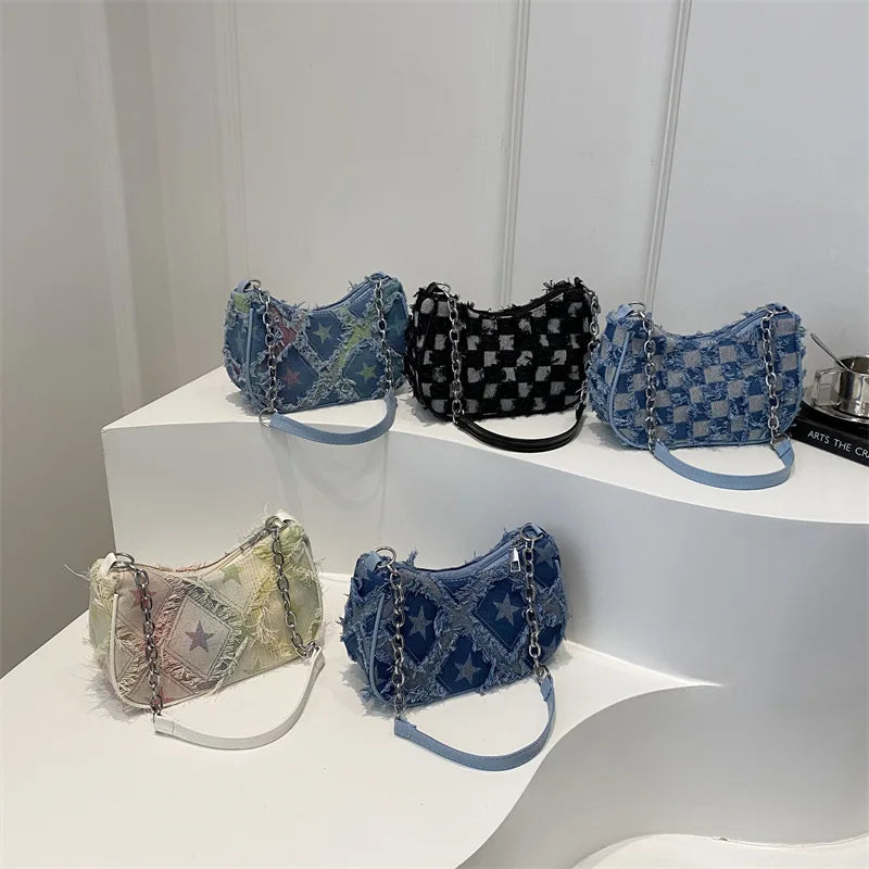 Women’s Denim-Look Patchwork Shoulder Bag with Stars and Chain Detail