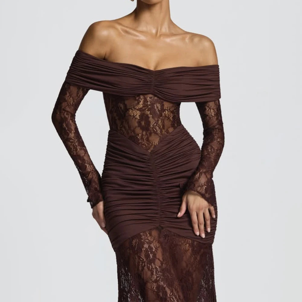 Mirène | Off Shoulder Lace Mesh Bodycon Maxi Dress