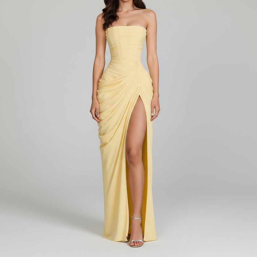 Sarenne | Strapless Ruched Lace Up Back Maxi Gown
