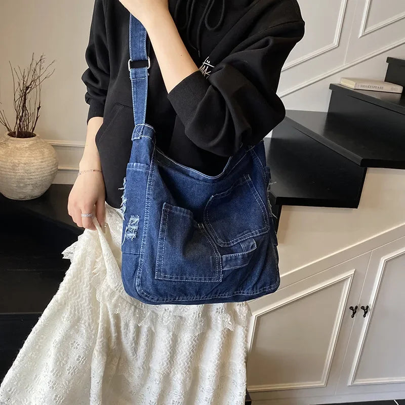 Women’s Denim-Look Hobo Bag with Patch Pockets and Adjustable Strap