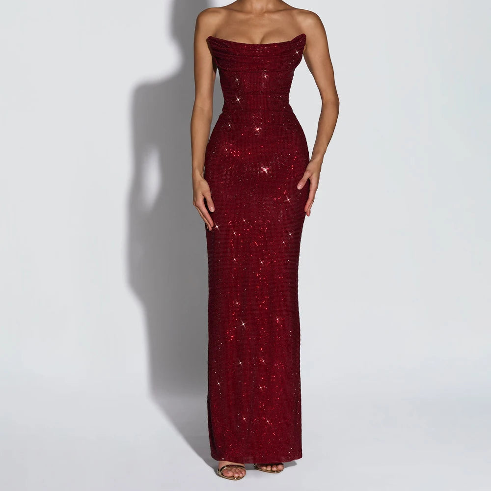 Roxane | Rhinestone Strapless Lace Up Back Bodycon Maxi Dress