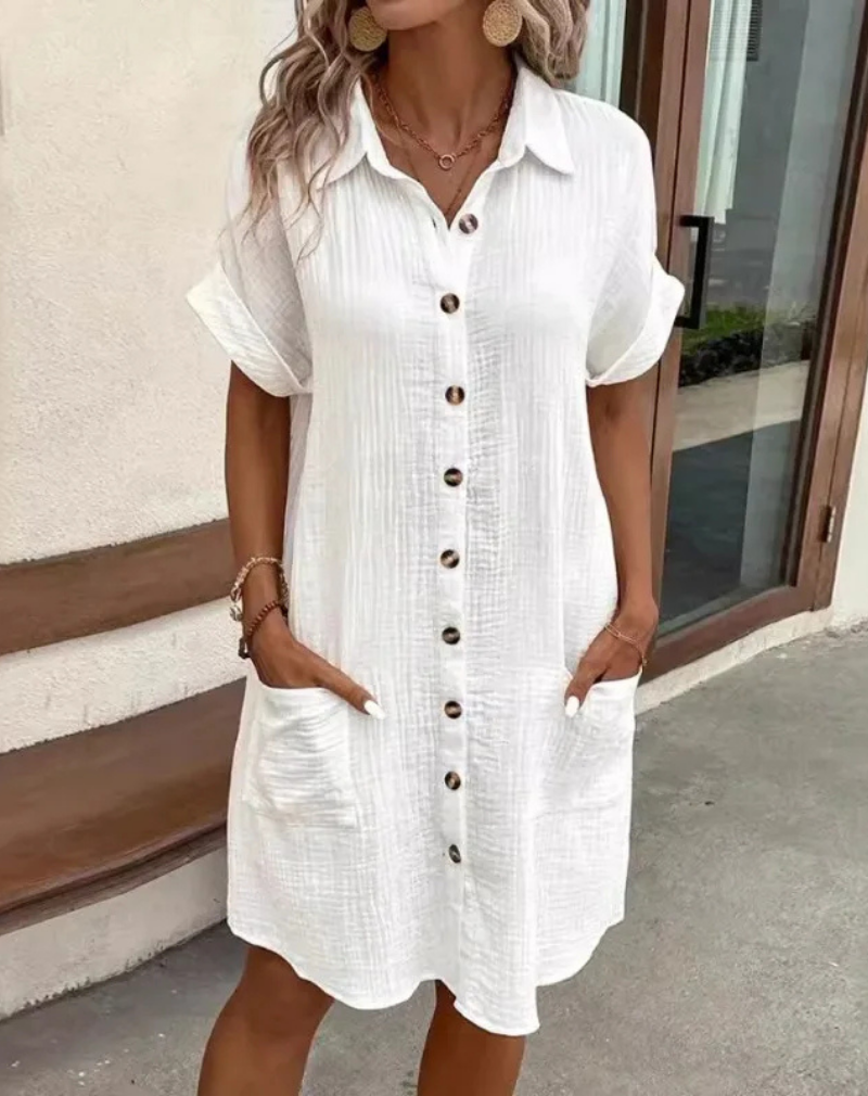Carol | Women's Button-Down Shirt Dress with Short Sleeves, Collar and Side Pockets