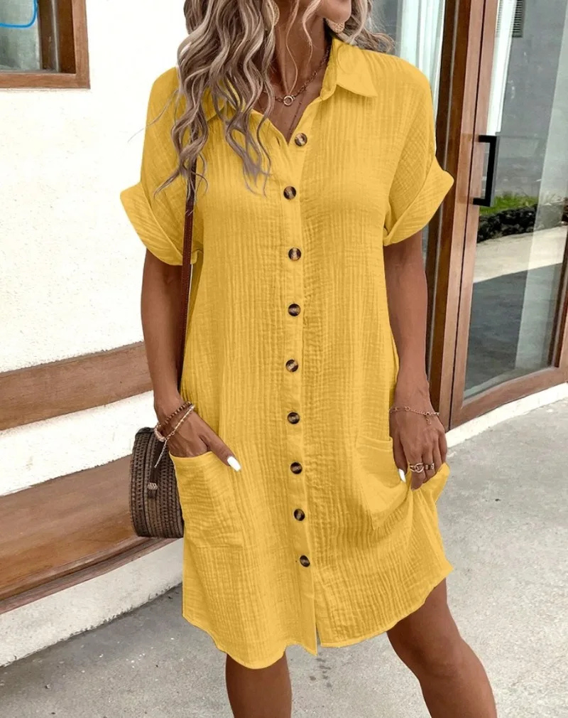 Carol | Women's Button-Down Shirt Dress with Short Sleeves, Collar and Side Pockets