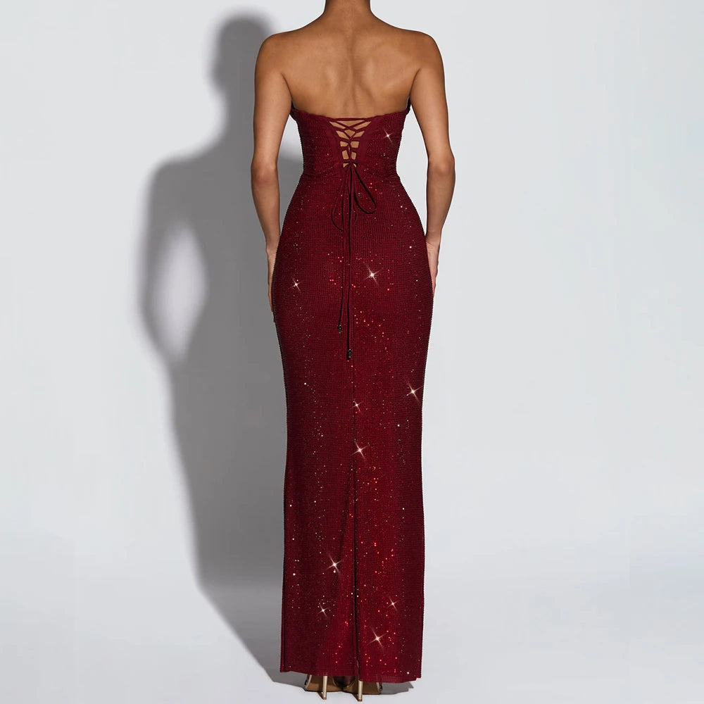 Roxane | Rhinestone Strapless Lace Up Back Bodycon Maxi Dress