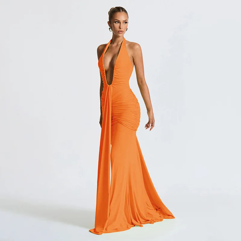 Tassara | Halter Deep V Backless Ruched Maxi Dress