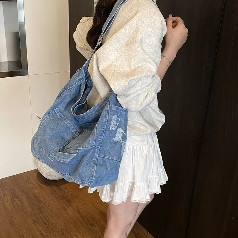 Women’s Denim-Look Hobo Bag with Patch Pockets and Adjustable Strap