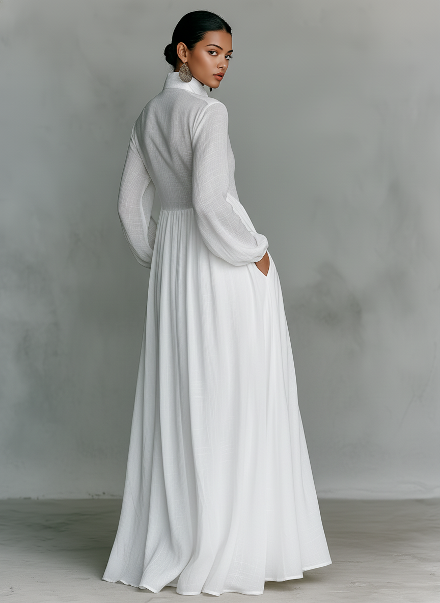 Linnea | Cotton Linen Patchwork Stand Collar Maxi Dress