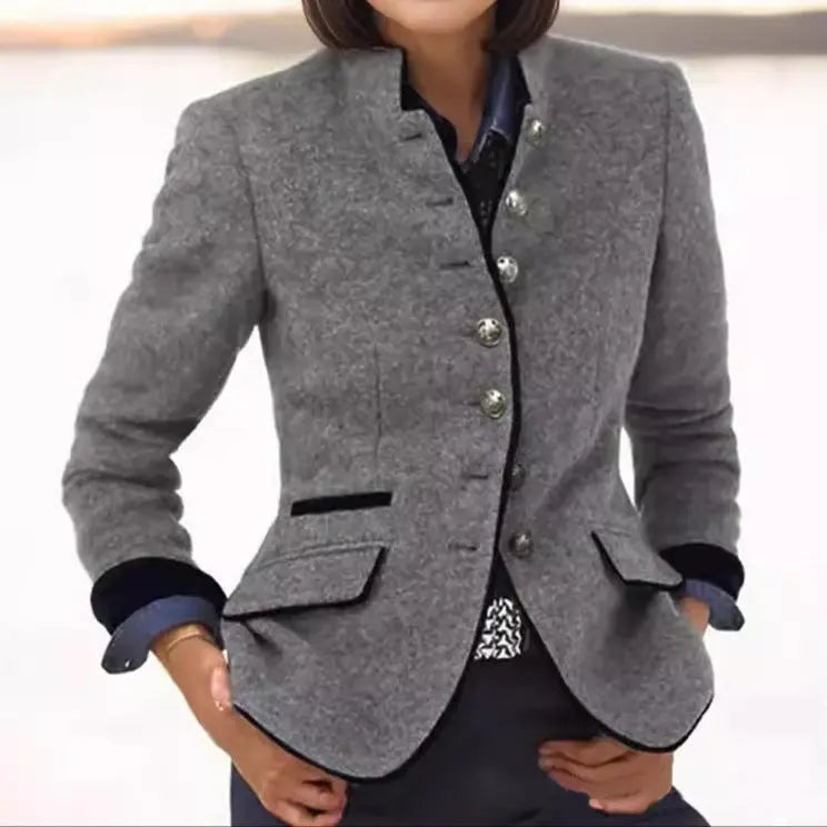 Deborah | Women's Stand Collar Blazer – Tailored Single-Breasted with Contrast Trim Pockets