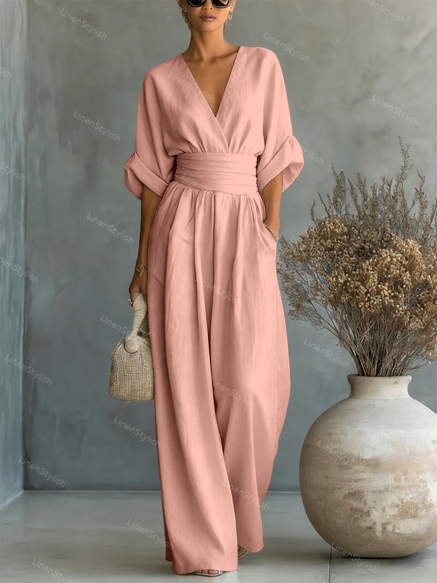 Sharon | Women's Wrap Front Wide-Leg Jumpsuit with V-Neck and Gathered Cuff Sleeves
