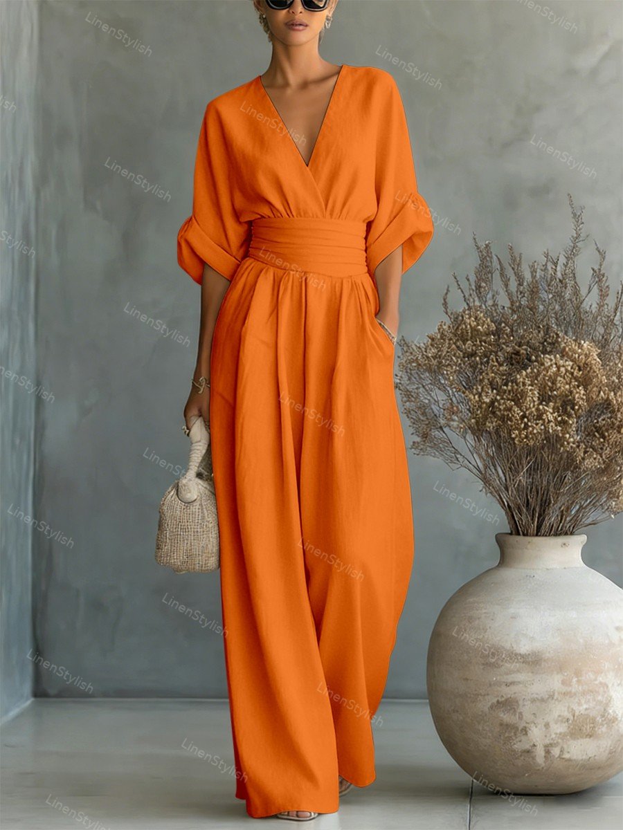 Sharon | Women's Wrap Front Wide-Leg Jumpsuit with V-Neck and Gathered Cuff Sleeves