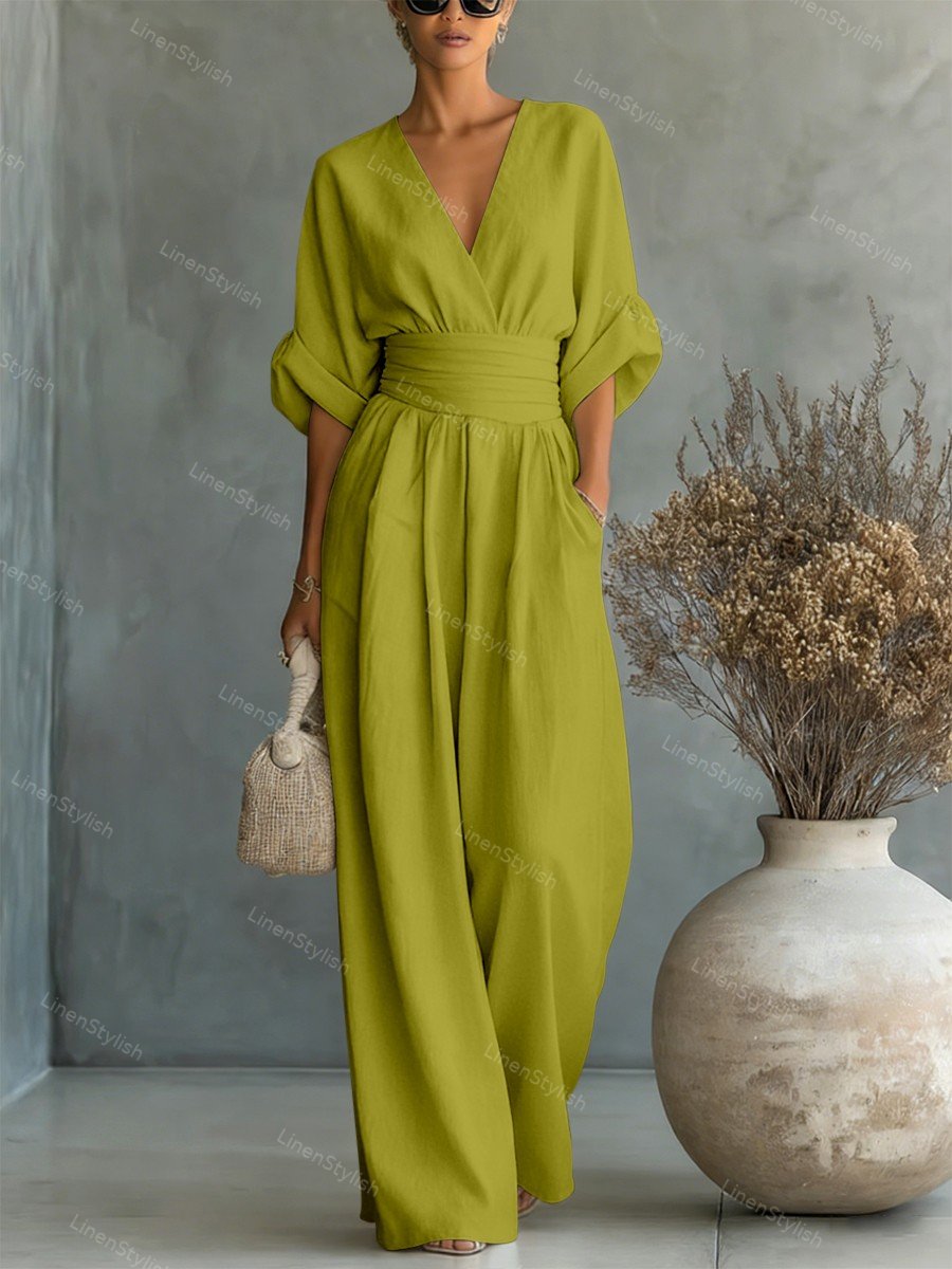 Sharon | Women's Wrap Front Wide-Leg Jumpsuit with V-Neck and Gathered Cuff Sleeves