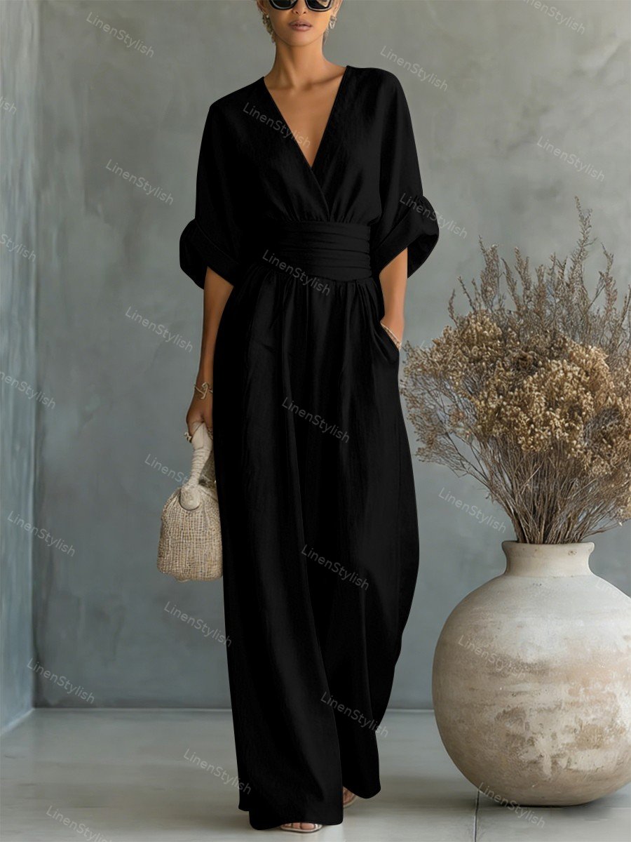 Sharon | Women's Wrap Front Wide-Leg Jumpsuit with V-Neck and Gathered Cuff Sleeves