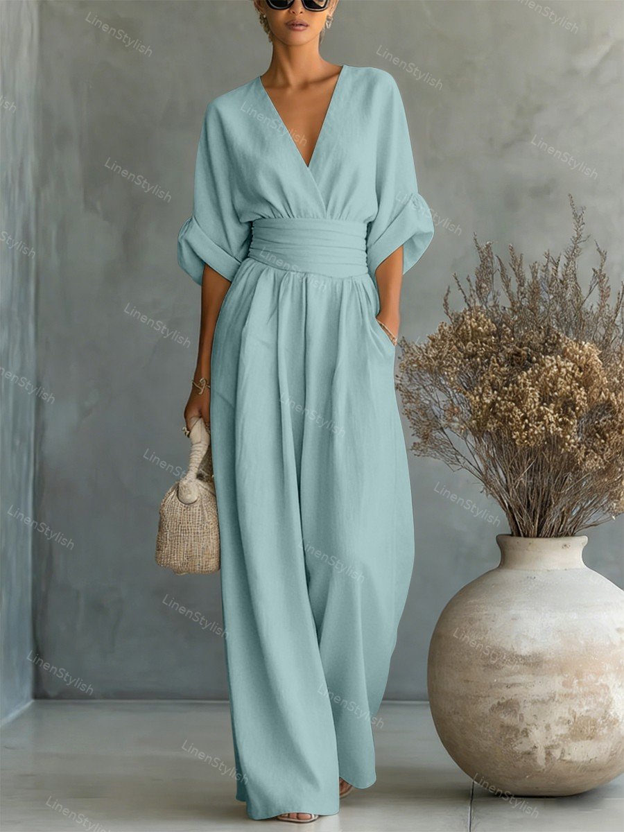 Sharon | Women's Wrap Front Wide-Leg Jumpsuit with V-Neck and Gathered Cuff Sleeves