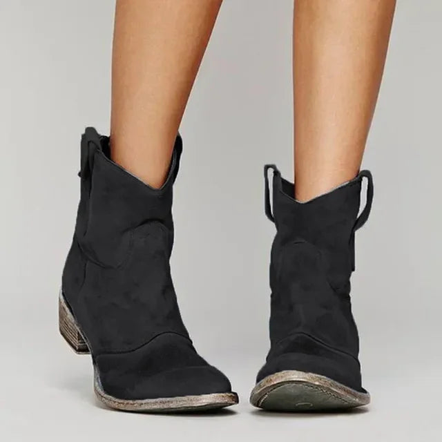Judith | Women's Short Cowboy Boots with Pull-On Style, Block Heel and Scooped Topline