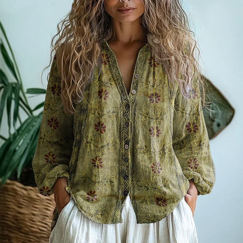 Helen | Women's Vintage Leaf-Print Button-Front Shirt original product image 3