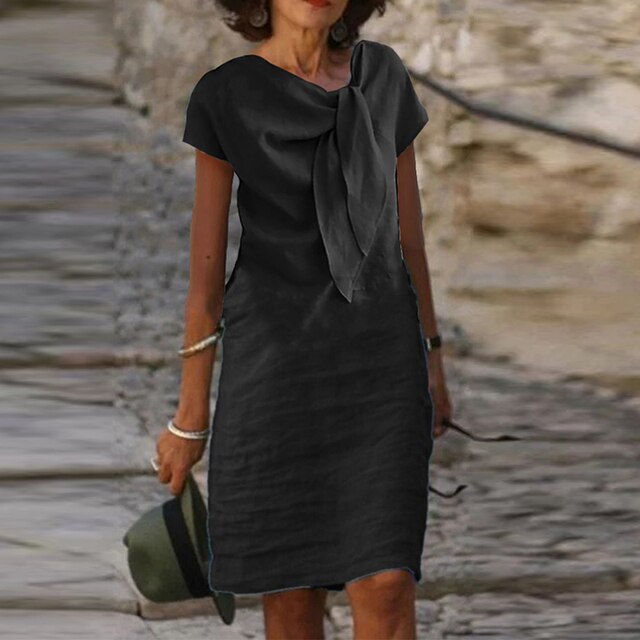 Women's Bow Neck Short Sleeve Midi Dress