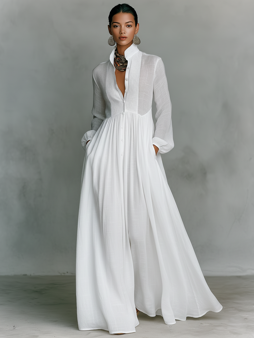 Linnea | Cotton Linen Patchwork Stand Collar Maxi Dress