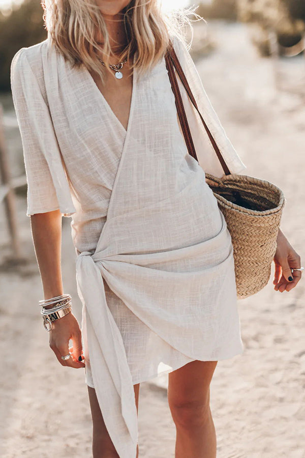 Women's V Neck Wrap Mini Dress Short Sleeve