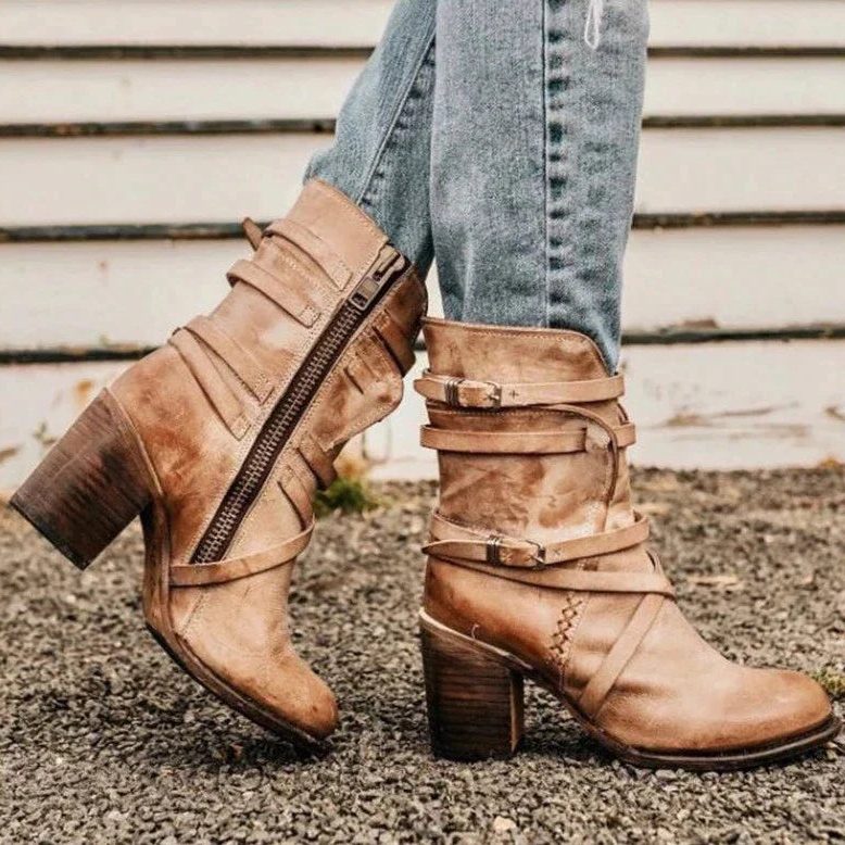 Elaine | Women's Buckle Strap Ankle Boots with Side Zip and Chunky Block Heel