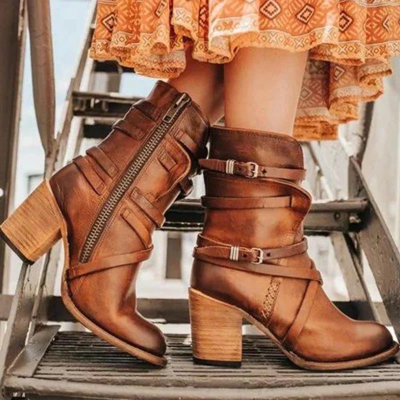 Elaine | Women's Buckle Strap Ankle Boots with Side Zip and Chunky Block Heel