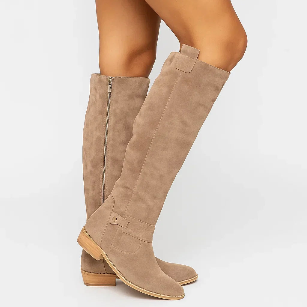 Nancy | Women's Knee-High Suede-Look Boots with Low Block Heel and Slim Shaft